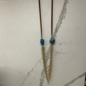Turquoise, gold and suede long necklace